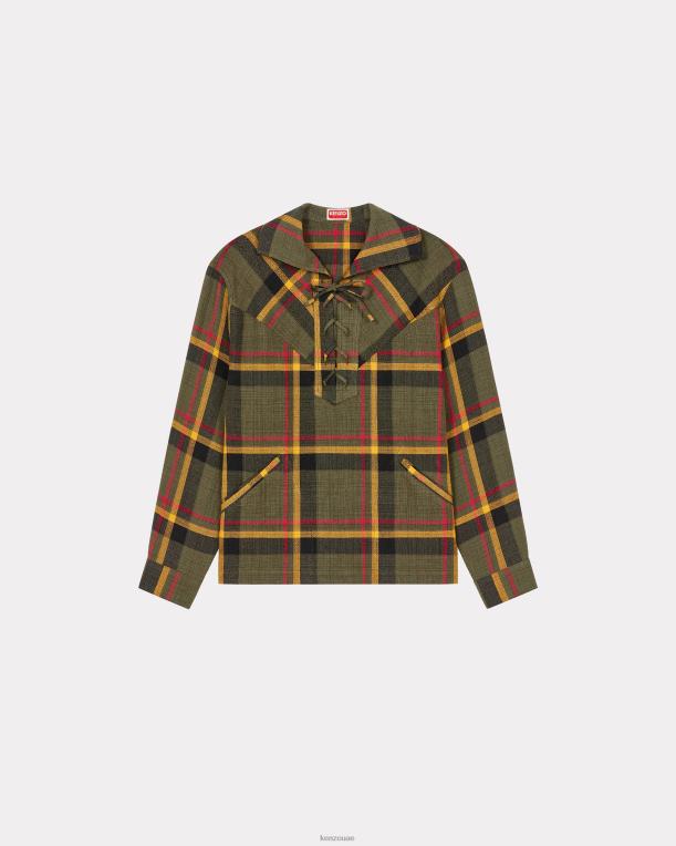 Kenzo رجال قميص كاروهات كبير الحجم الكاكي 84BVD158