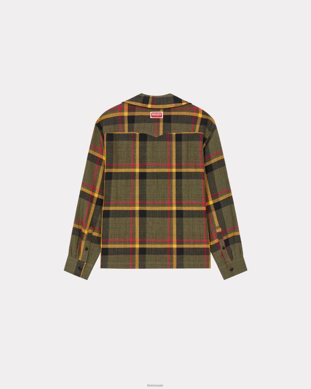 Kenzo رجال قميص كاروهات كبير الحجم الكاكي 84BVD158